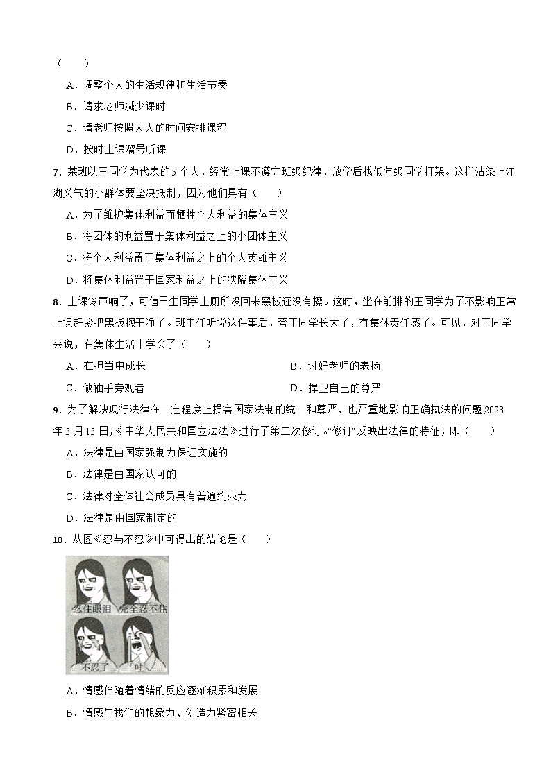 吉林省长春市汽车经济技术开发区2022-2023学年七年级下学期道德与法治期末试卷02