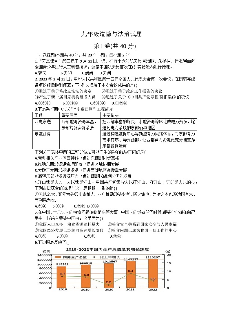 山东省青岛市崂山区实验学校2023-2024学年九年级上学期9月月考道德与法治试题第1页