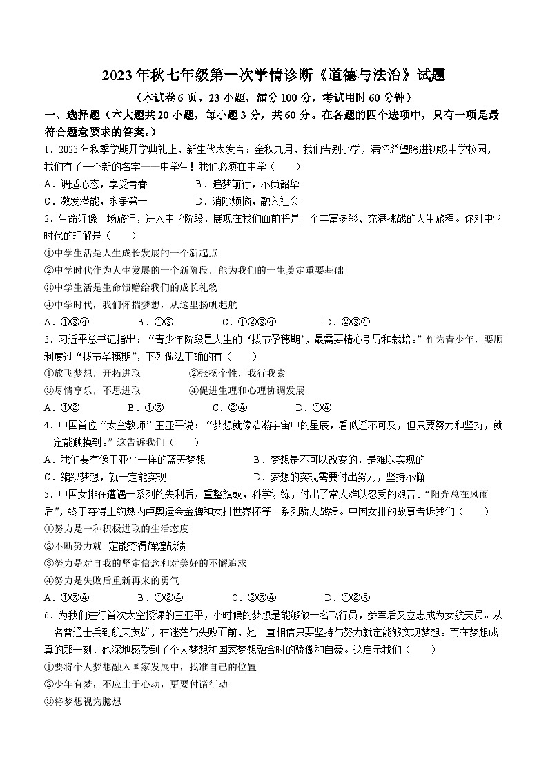 广东省惠州市惠阳区中山中学2023-2024学年七年级上学期10月月考道德与法治试题(无答案)第1页