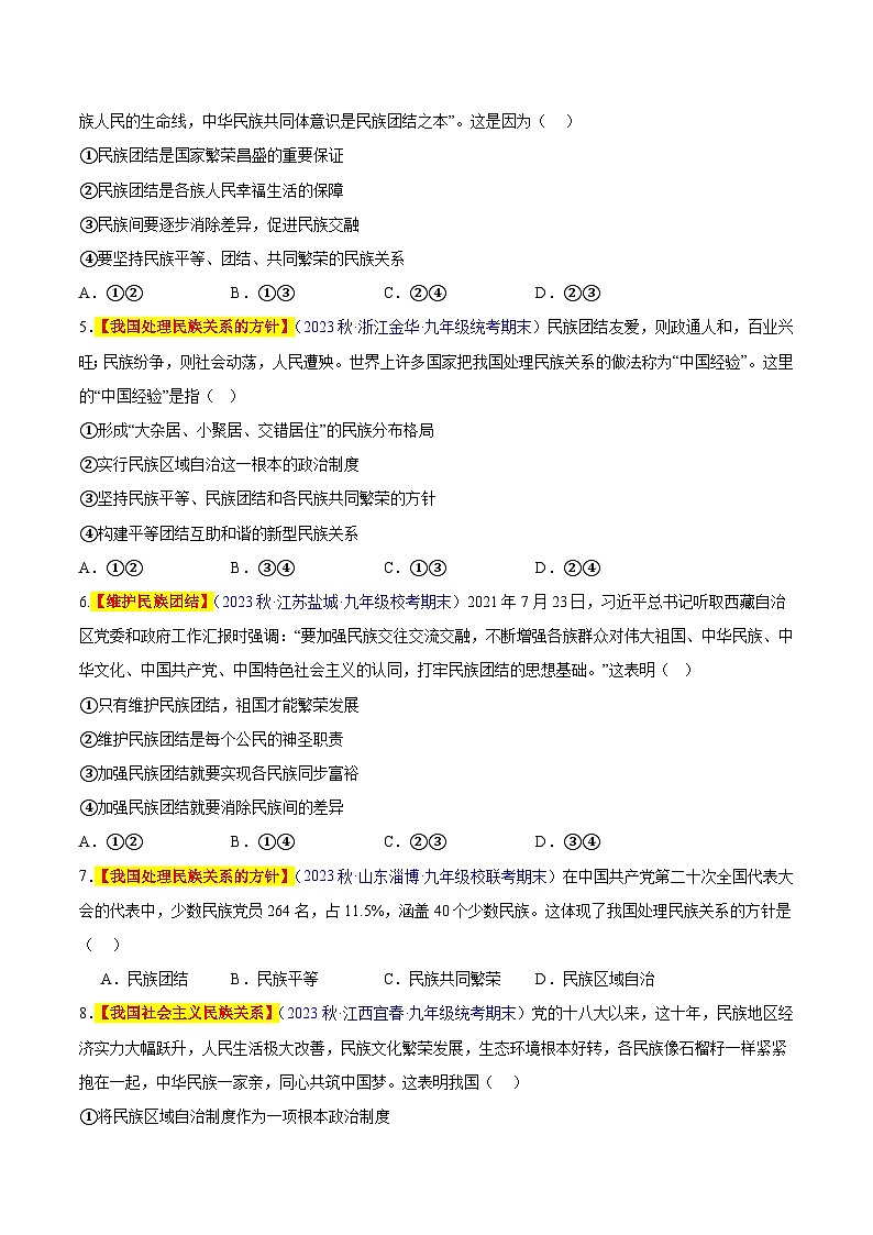 【期中真题】（部编版）2023-2024学年九年级道德与法治上册 期中真题分类专题汇编 专题07 中华一家亲（原卷版）第2页