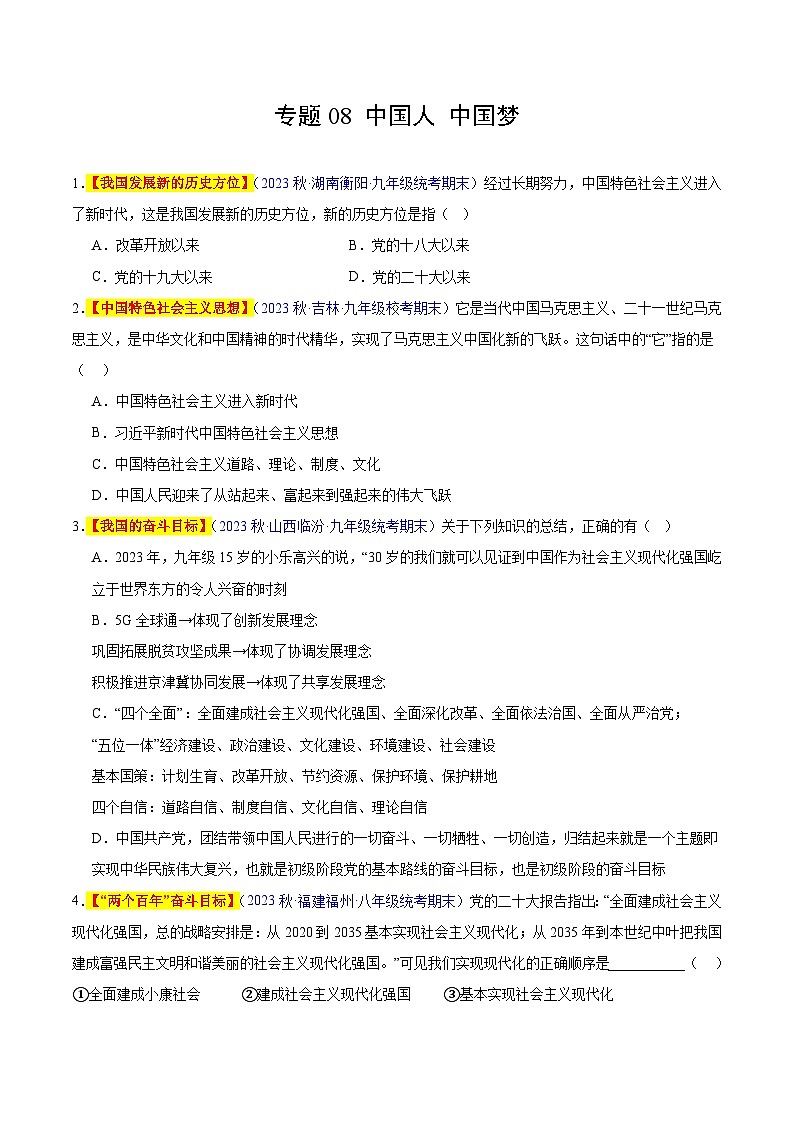 【期中真题】（部编版）2023-2024学年九年级道德与法治上册 期中真题分类专题汇编 专题08 中国人 中国梦-试卷.zip01