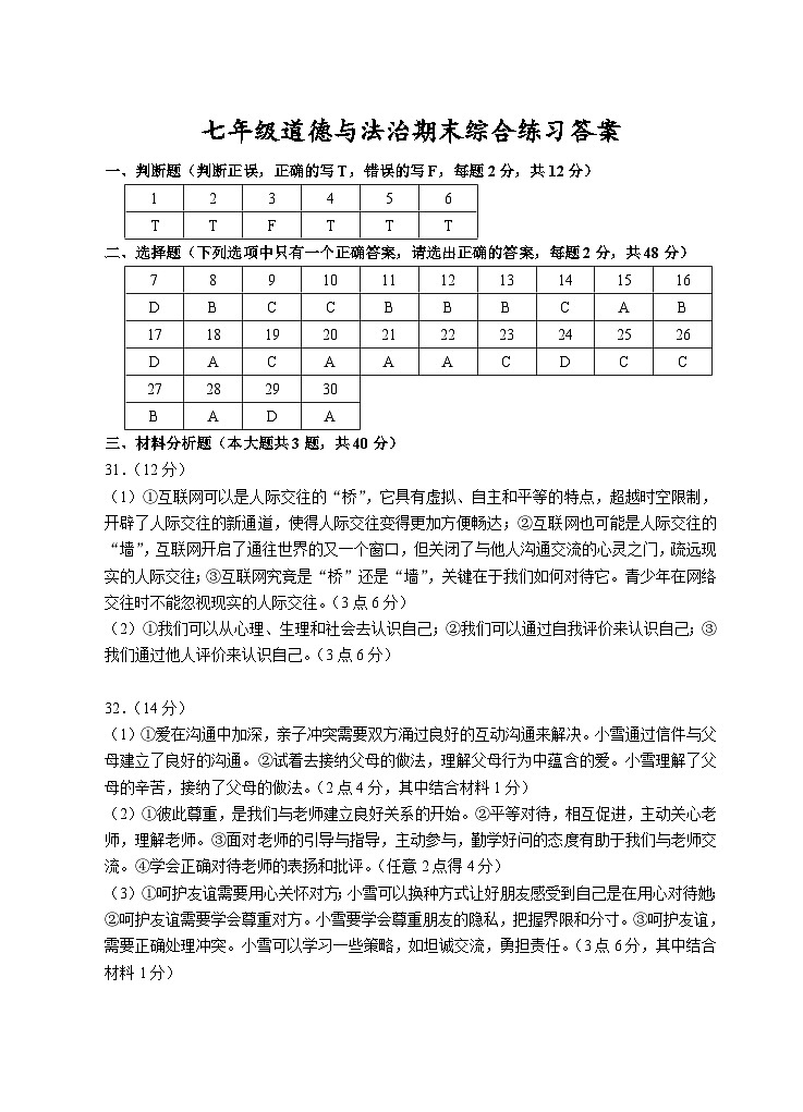 202201七年级道德与法治答案（综合卷）第1页