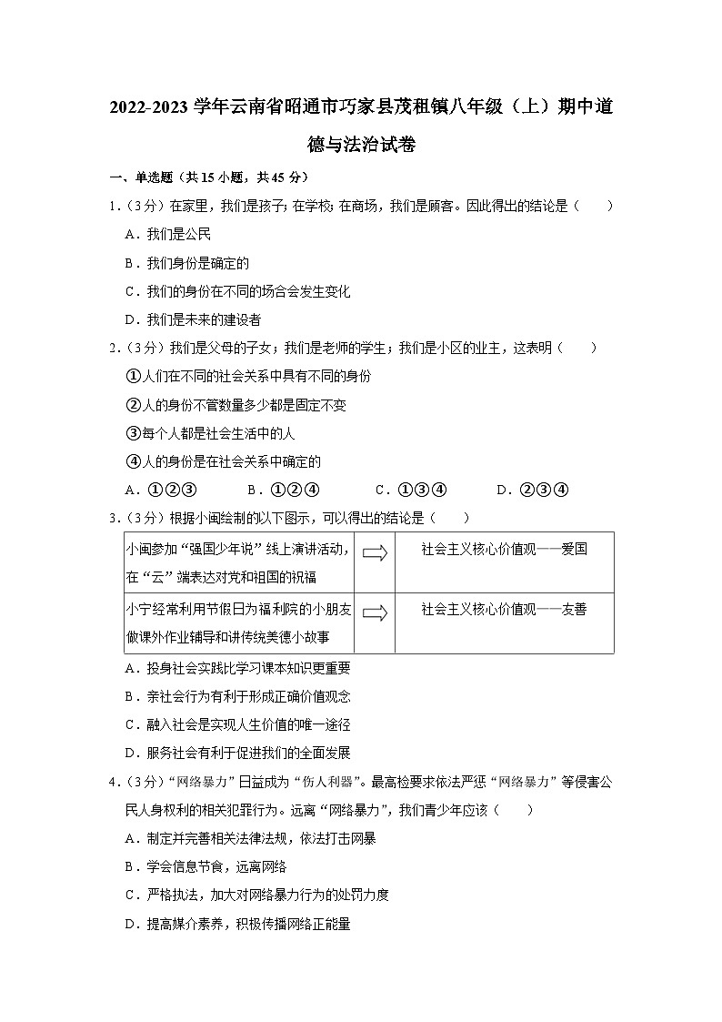 云南省昭通市巧家县茂租镇2022-2023学年八年级上学期期中道德与法治试卷01