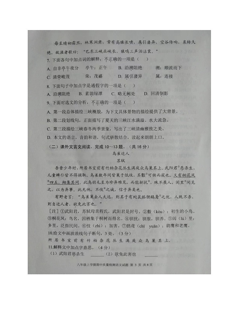 山东省泰安市东平县2023-2024学年(五四学制)八年级上学期期中考试道德与法治试题第3页