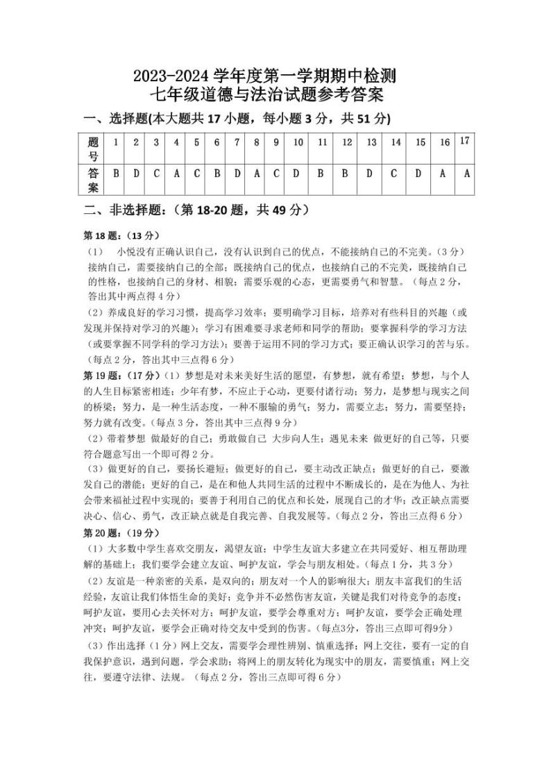 江苏省徐州市2023-2024学年度七年级第一学期期中检测道德与法制试题(含答案)01