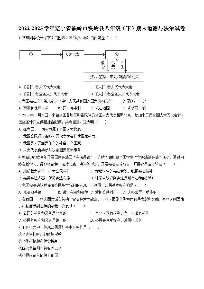 2022-2023学年辽宁省铁岭市铁岭县八年级（下）期末道德与法治试卷（含答案解析）第1页