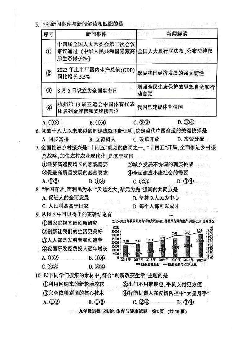福建省三明市三元区2023—-2024学年上学期期中质量检测九年级道德与法治、体育和健康试卷第2页