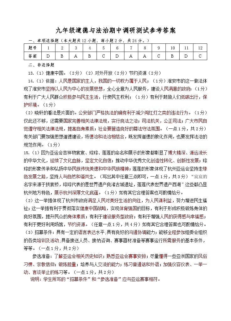 江苏省淮安市淮阴区 2023-2024学年九年级上学期期中调研测试道德与法治试题01