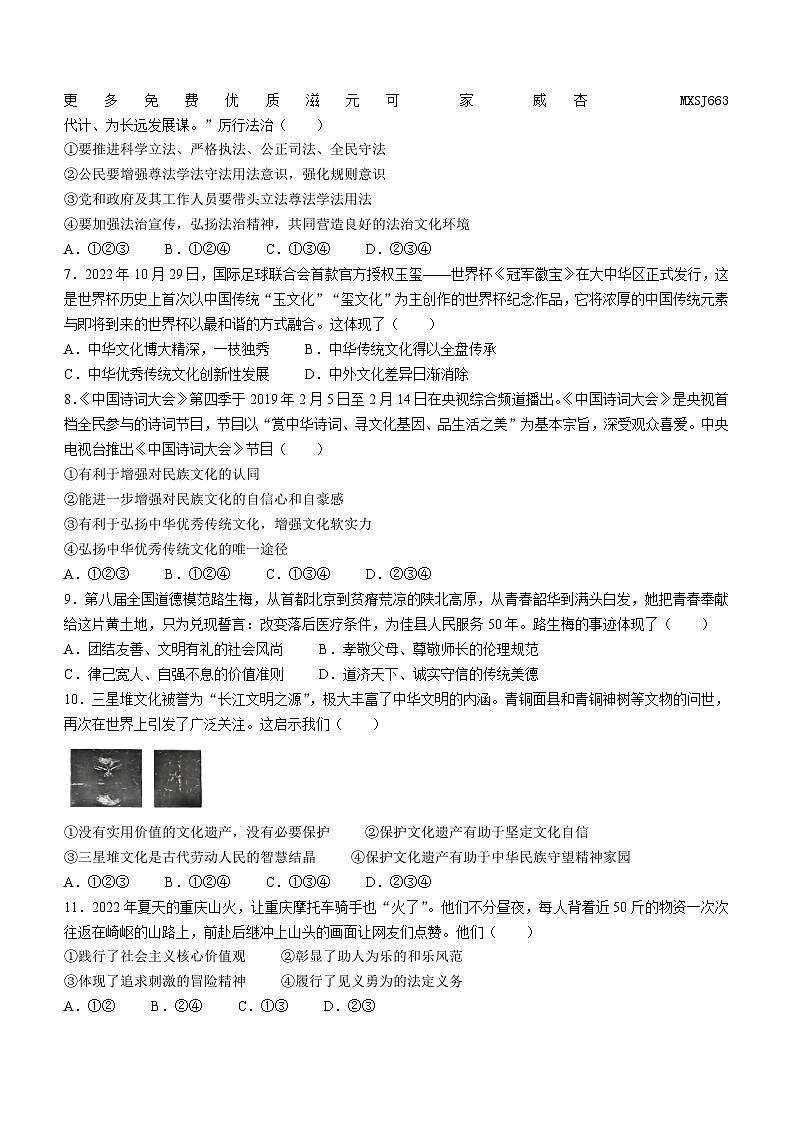河南省平顶山市实验中学2023-2024学年九年级上学期11月期中道德与法治试卷(无答案)第2页