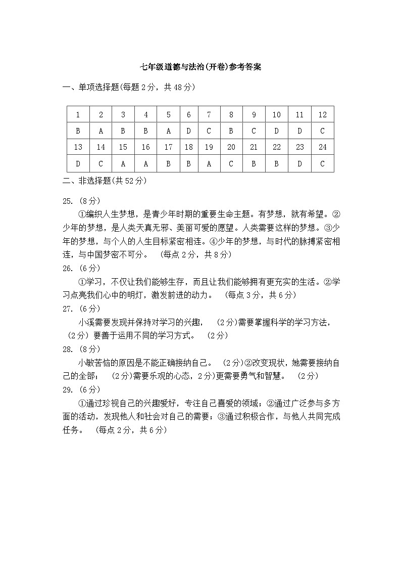 天津市部分区2023-2024七年级上学期期中政治答案第1页