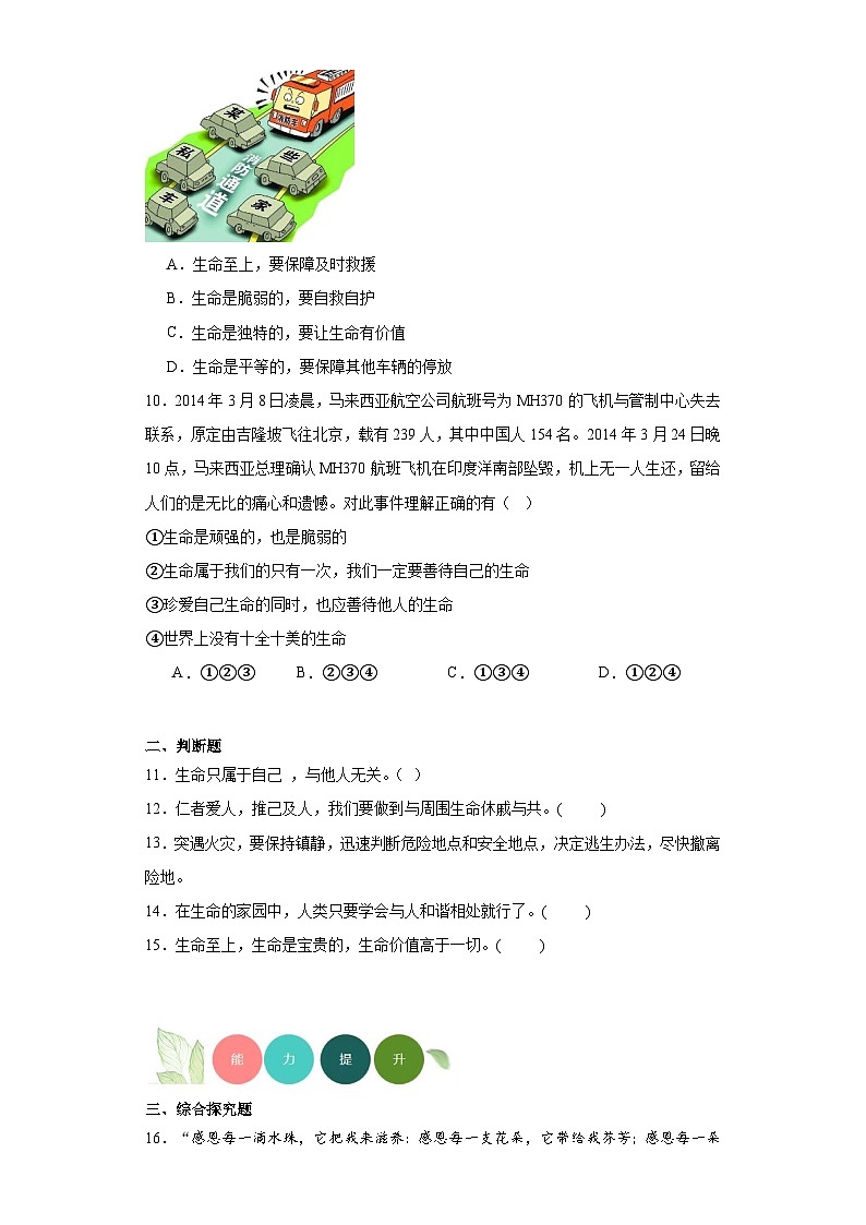 8.2敬畏生命分层练习部编版道德与法治七年级上册03