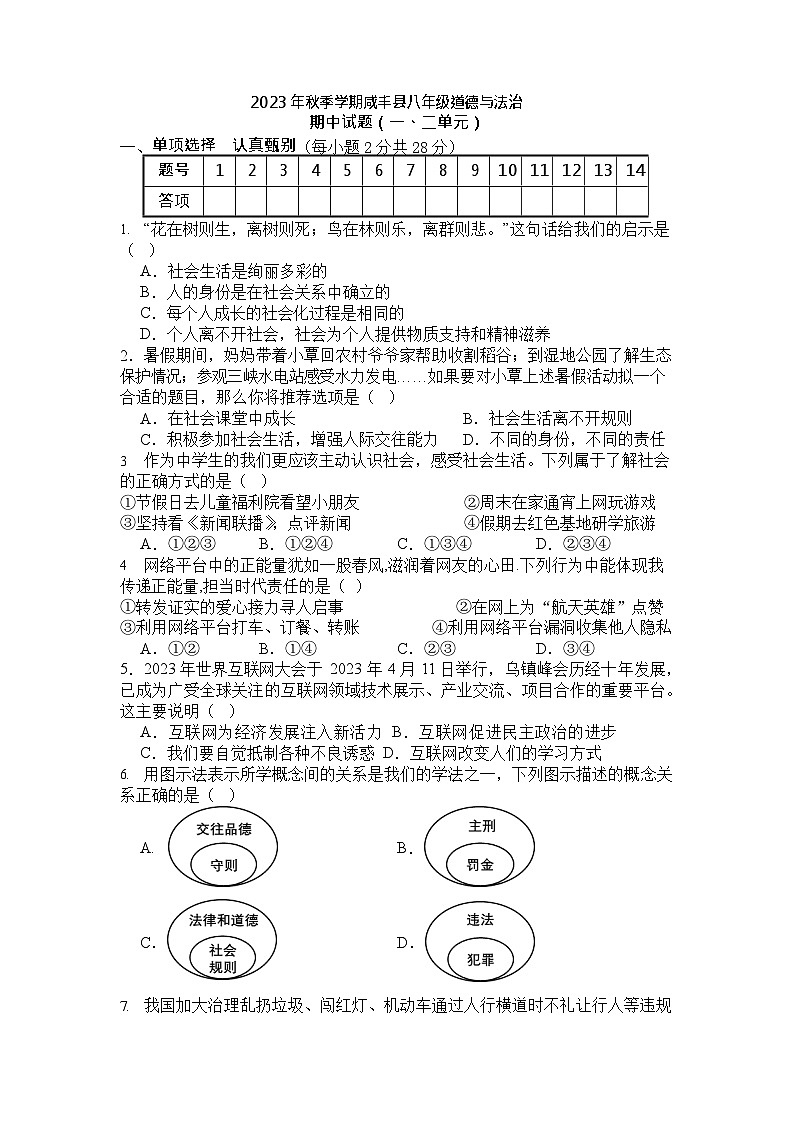 湖北省咸丰县城区四校联考2023-2024学年八年级上学期期中考试道德与法治试题第1页