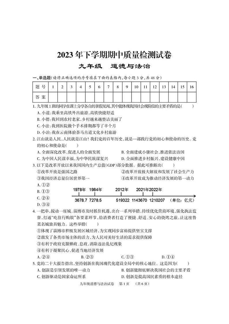 湖南省岳阳市临湘市2023-2024学年九年级上学期期中考试道德与法治试题01