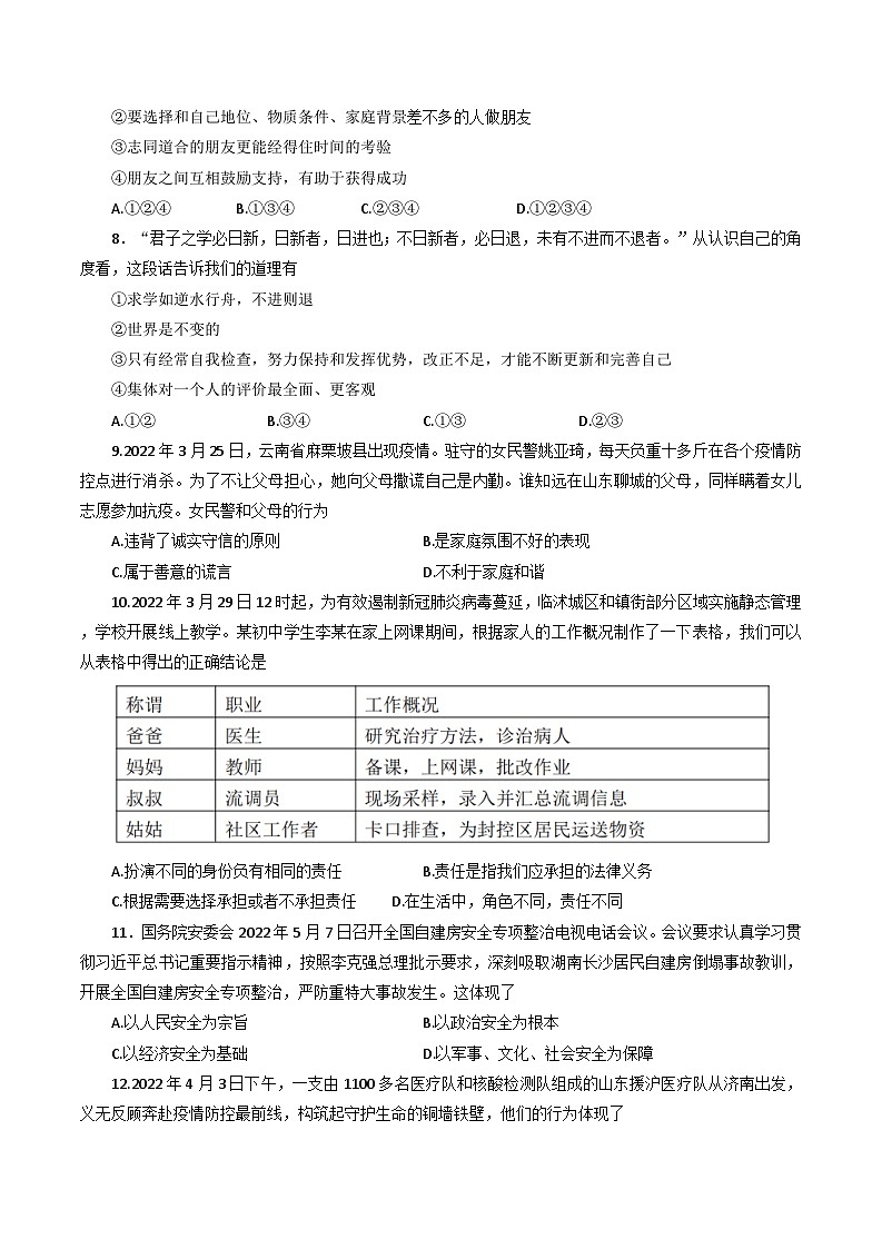 2022年山东省临沂市临沭县中考二模道德与法治试题02