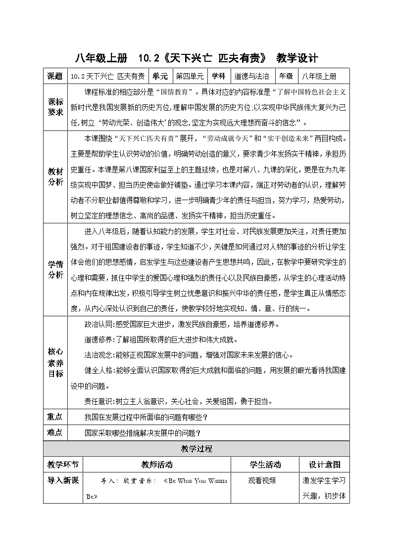 10.2天下兴亡 匹夫有责（教学设计）八年级道德与法治上册（部编版）第1页