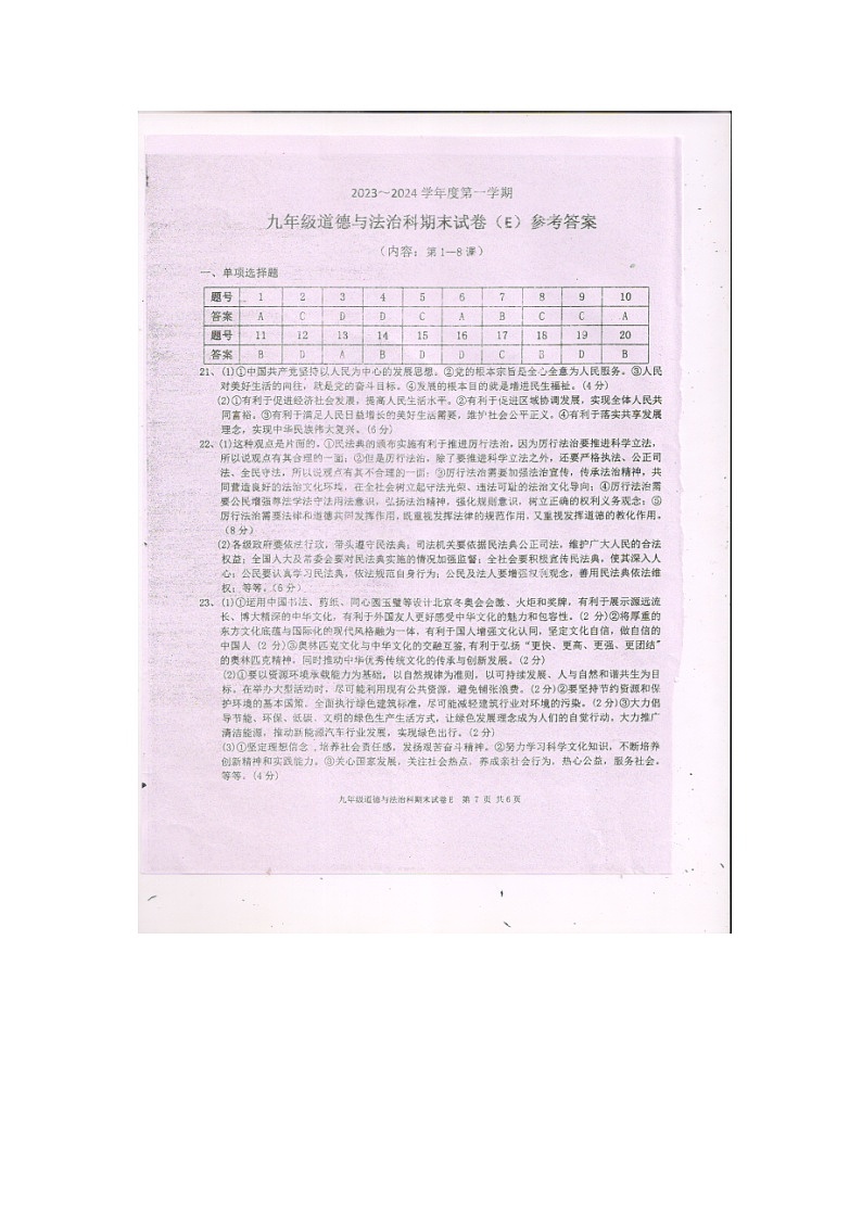 广东省汕头市潮南区+2023-2024学年九年级上学期期末道德与法治试卷01