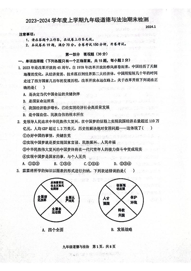 辽宁省大连市瓦房店市2023-2024学年九年级上学期1月期末道德与法治试题01