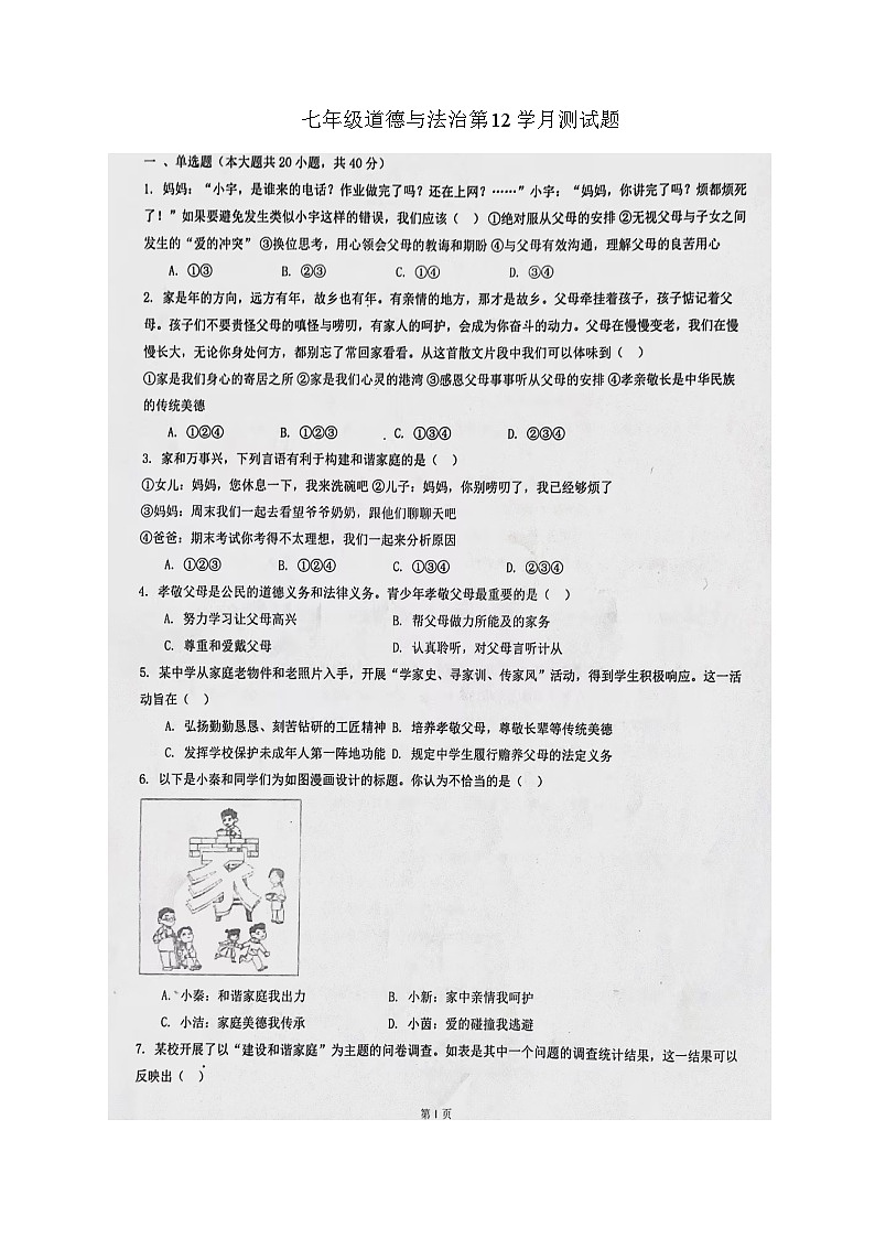 河南省南阳市内乡县灌涨镇初级中学2023-2024学年七年级上学期12月月考道德与法治试题第1页