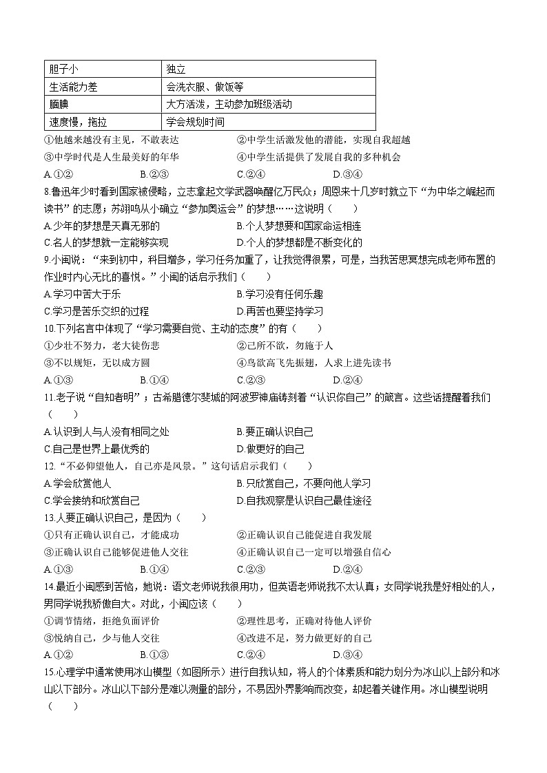 福建省福州市闽侯县2023-2024学年七年级上学期期中道德与法治试题第2页