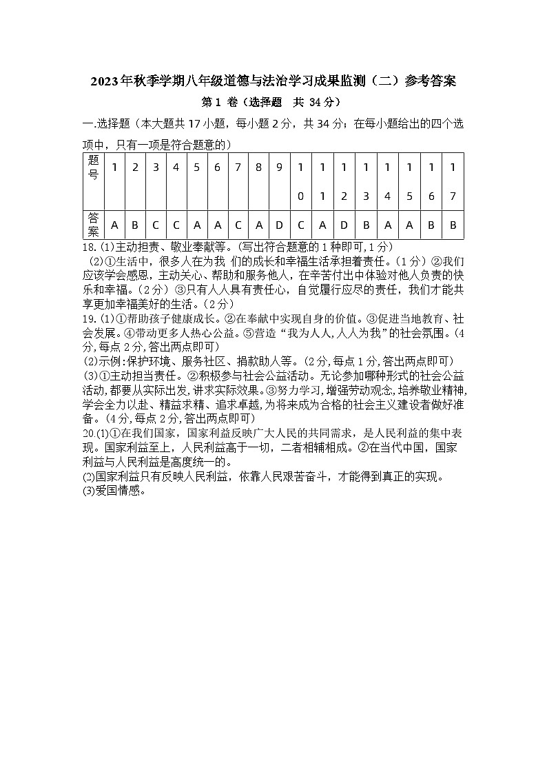 2023年秋季学期八年级道德与法治学习成果监测（二）参考答案第1页
