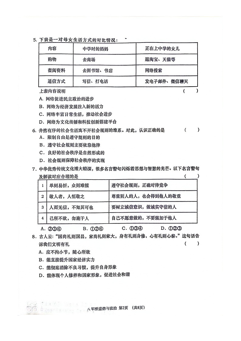 辽宁省大连市沙河口区2023-2024学年八年级上学期期末道德与法治试卷03