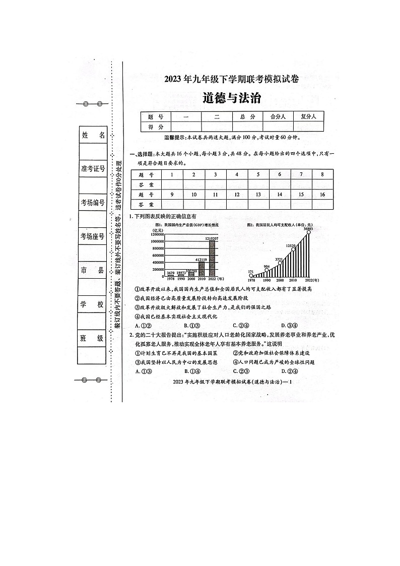 2023年湖南省邵东市邵东县两市镇向阳中学中考三模道德与法治试题01