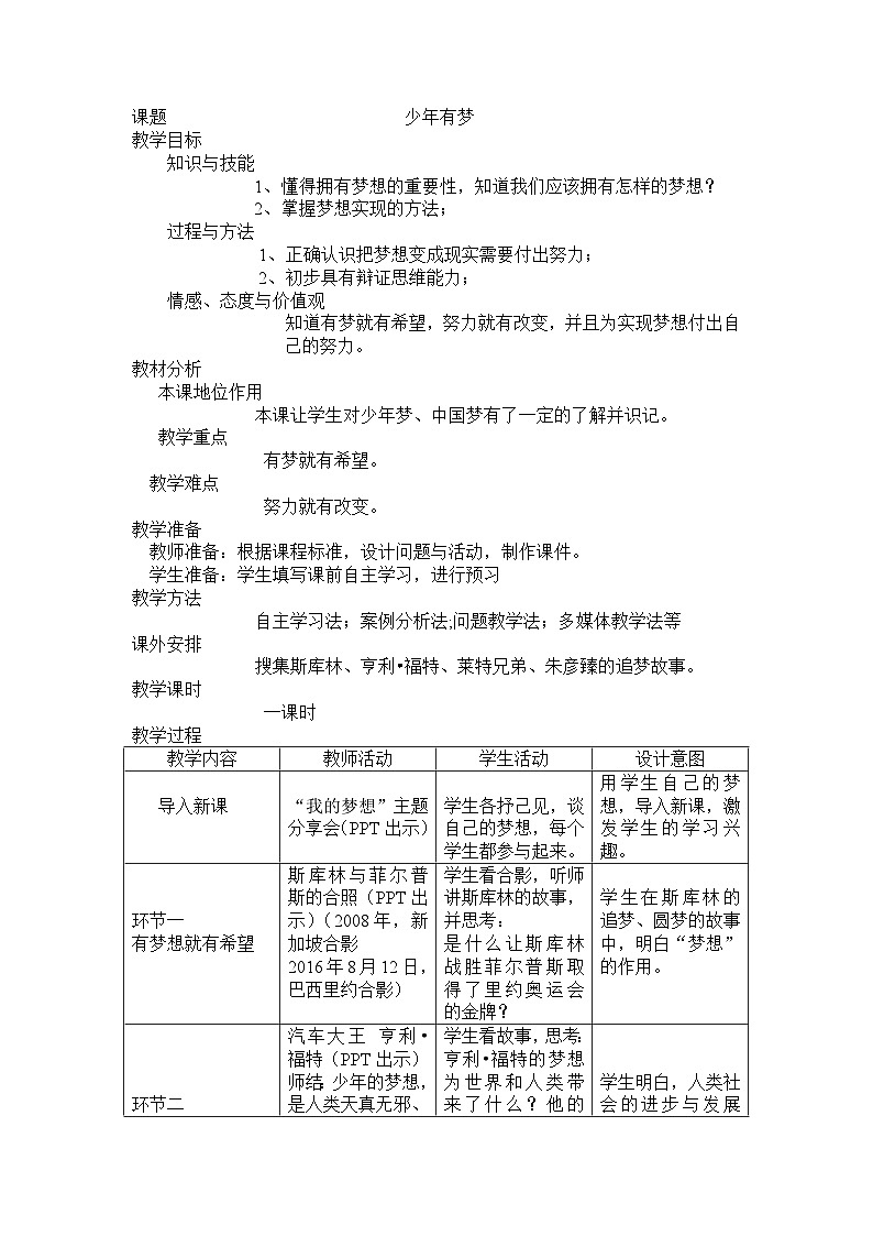 人教版（部编版）初中道德与法治七年级上册 第1单元《第1课 1.2 少年有梦》  教案601