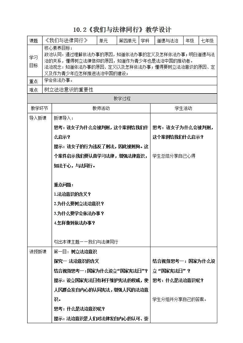 【核心素养】10.2《我们与法律同行》课件+教案+视频01