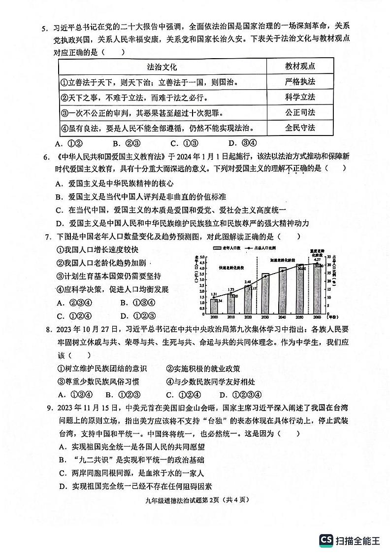 四川省南充市2023-2024学年九年级上学期1月期末道德与法治试题02