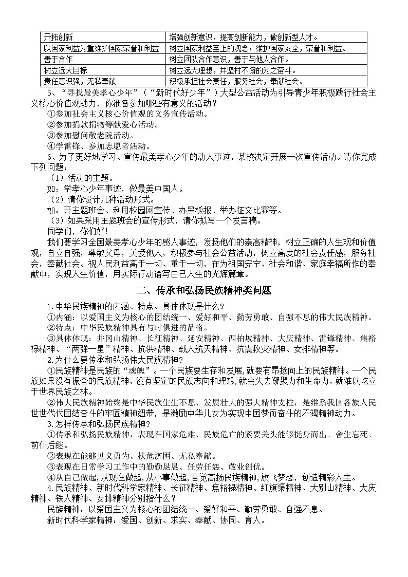 初中道德与法治2024届中考知识点整理（共三类题目问题）02