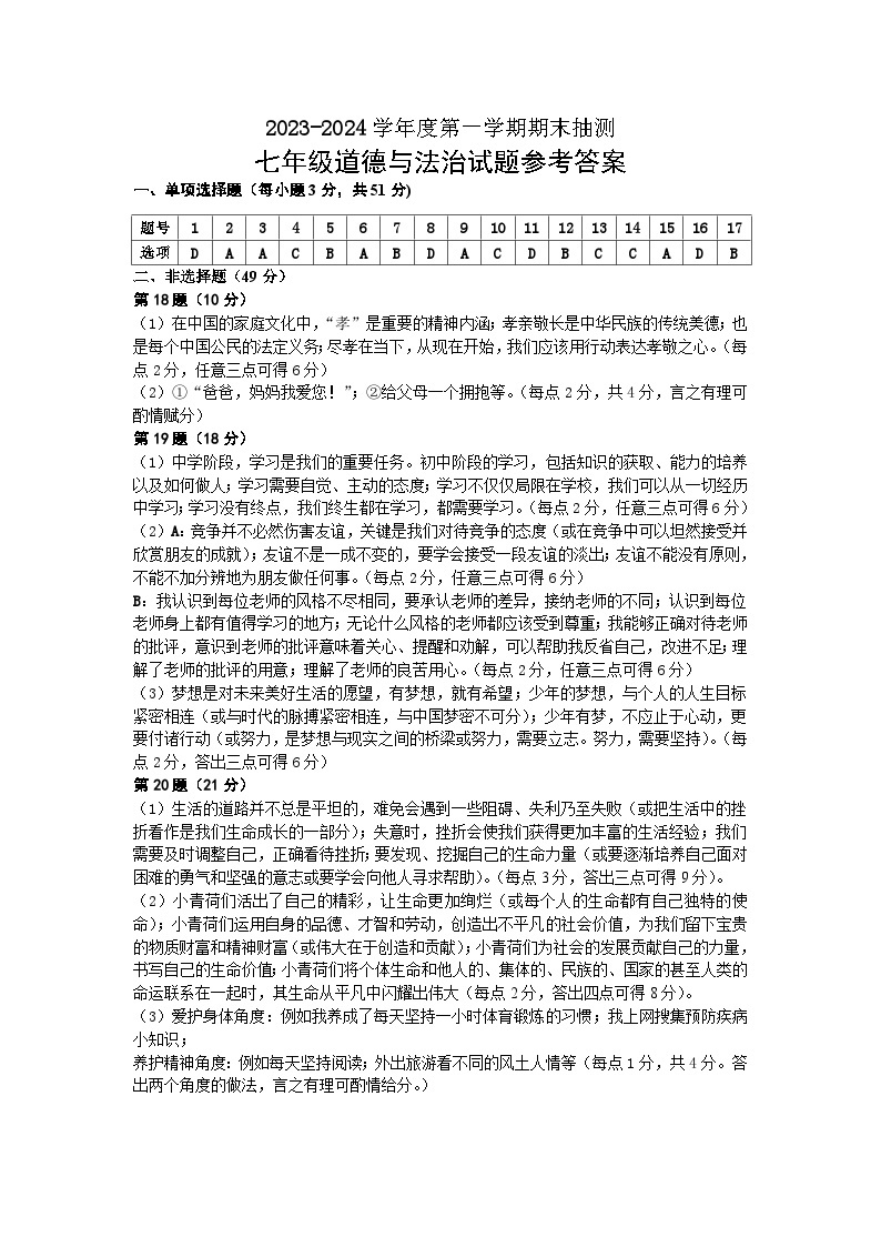 江苏省徐州市2023-2024学年度第一学期期末抽测七年级道德与法治试题(含答案)01