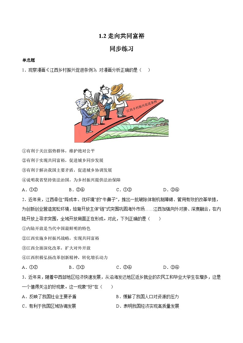 1.2 走向共同富裕（课时练习）-2023-2024学年九年级上册道德与法治同步课堂（部编版）01
