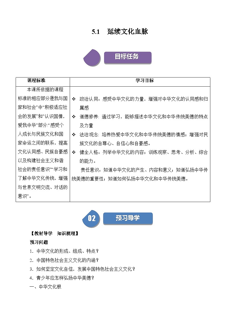 【同步练习】统编版 初中道德与法治 九年级上册巩固练习 5.1 延续文化血脉01