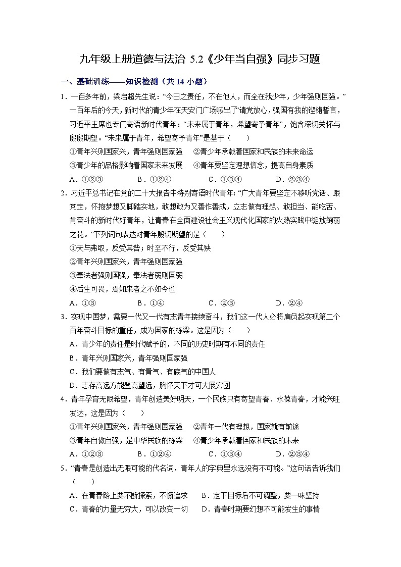 【分层训练】人教版 初中道德与法治 九年级下册 5.2 少年当自强（分层作业）01