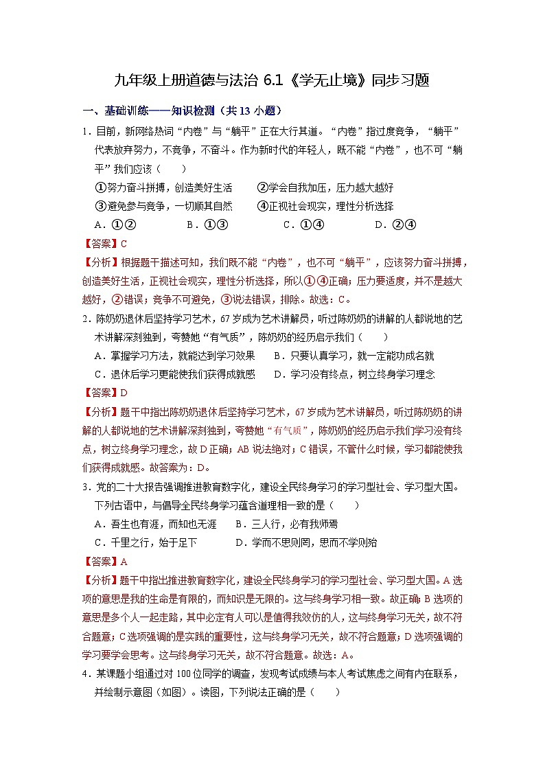 【分册训练】人教版 初中道德与法治 九年级下册 6.1 学无止境（分层作业）（解析版）第1页