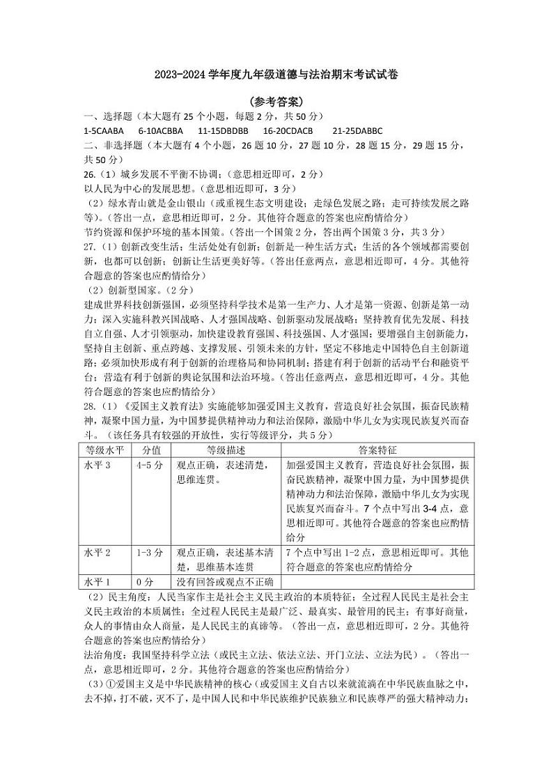 河北省保定市清苑区2023-2024学年九年级上学期1月期末道德与法治试题01