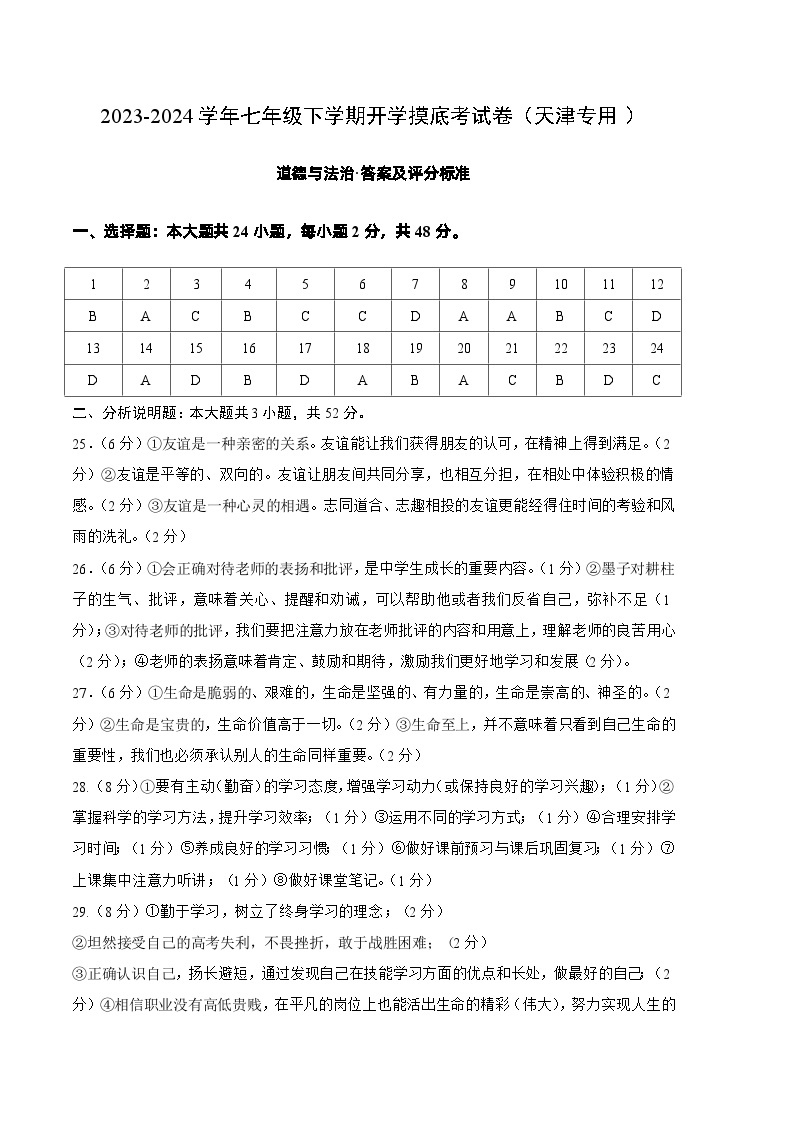 【开学摸底考】七年级道德与法治（天津专用）-2023-2024学年初中下学期开学摸底考试卷.zip01