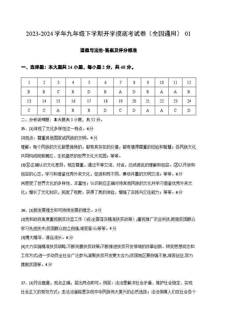 【开学摸底考试】九年级道德与法治01（全国通用）-2023-2024学年初中下学期开学摸底考试卷.zip01