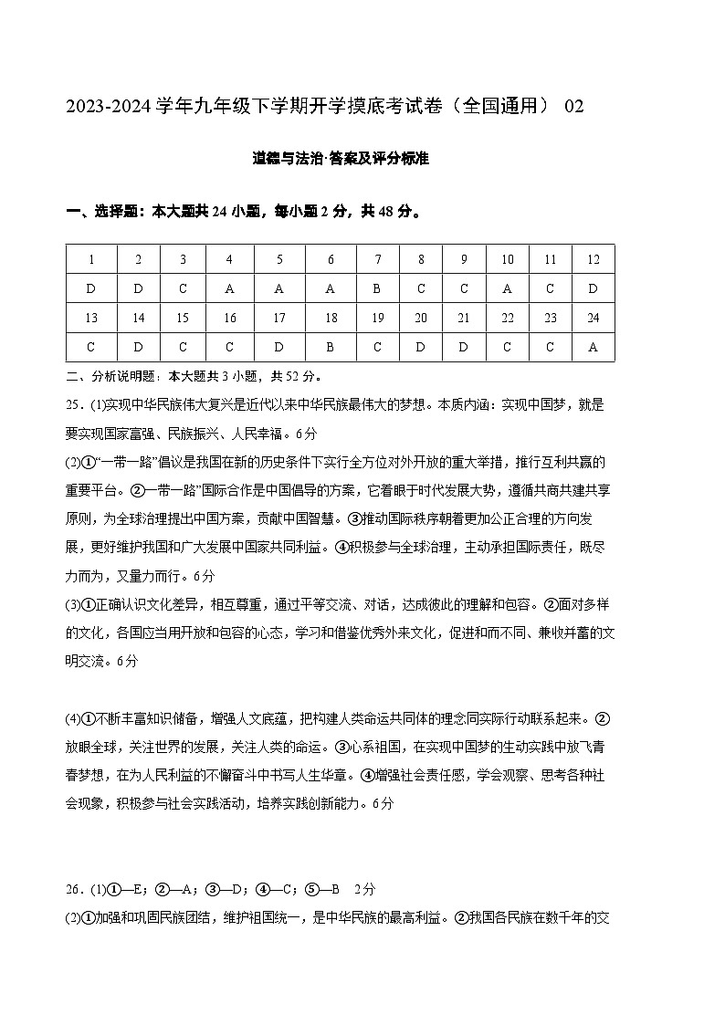 九年级道德与法治开学摸底考试卷02（全国通用）（答案及评分标准）第1页