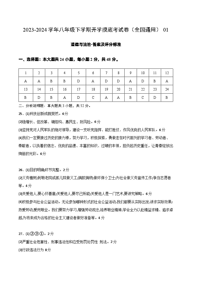 八年级道德与法治开学摸底考试卷（全国通用）01（答案及评分标准）第1页
