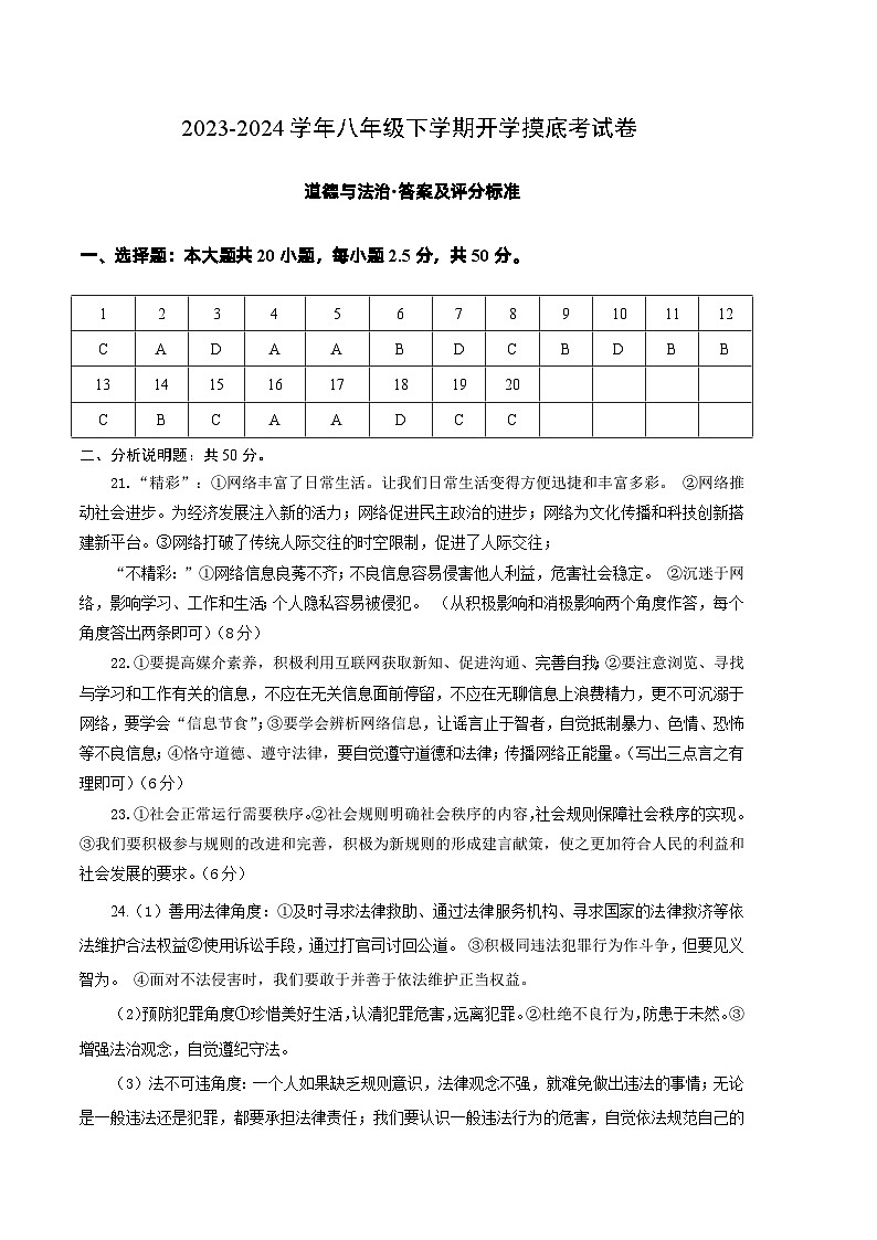 【开学摸底考】八年级道德与法治（山东济南专用）-2023-2024 学年初中下学期开学摸底考试卷.zip01
