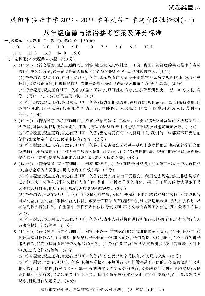 陕西省咸阳市实验中学2022-2023学年八年级下学期阶段检测（月考）（一）道德与法治试题01