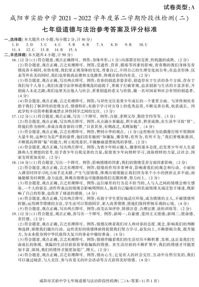 陕西省咸阳市实验中学2021-2022学年七年级下学期阶段检测（月考）（二）道德与法治试题01