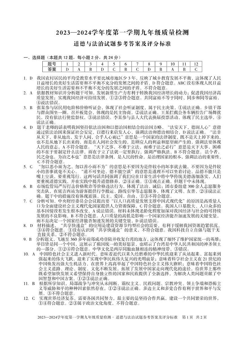 安徽省淮北市五校联考2023-2024学年九年级下学期开学考试道德与法治试题(2)01