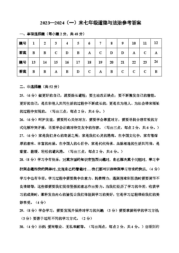 54，天津市红桥区2023-2024学年七年级上学期期末考试道德与法治试题第1页