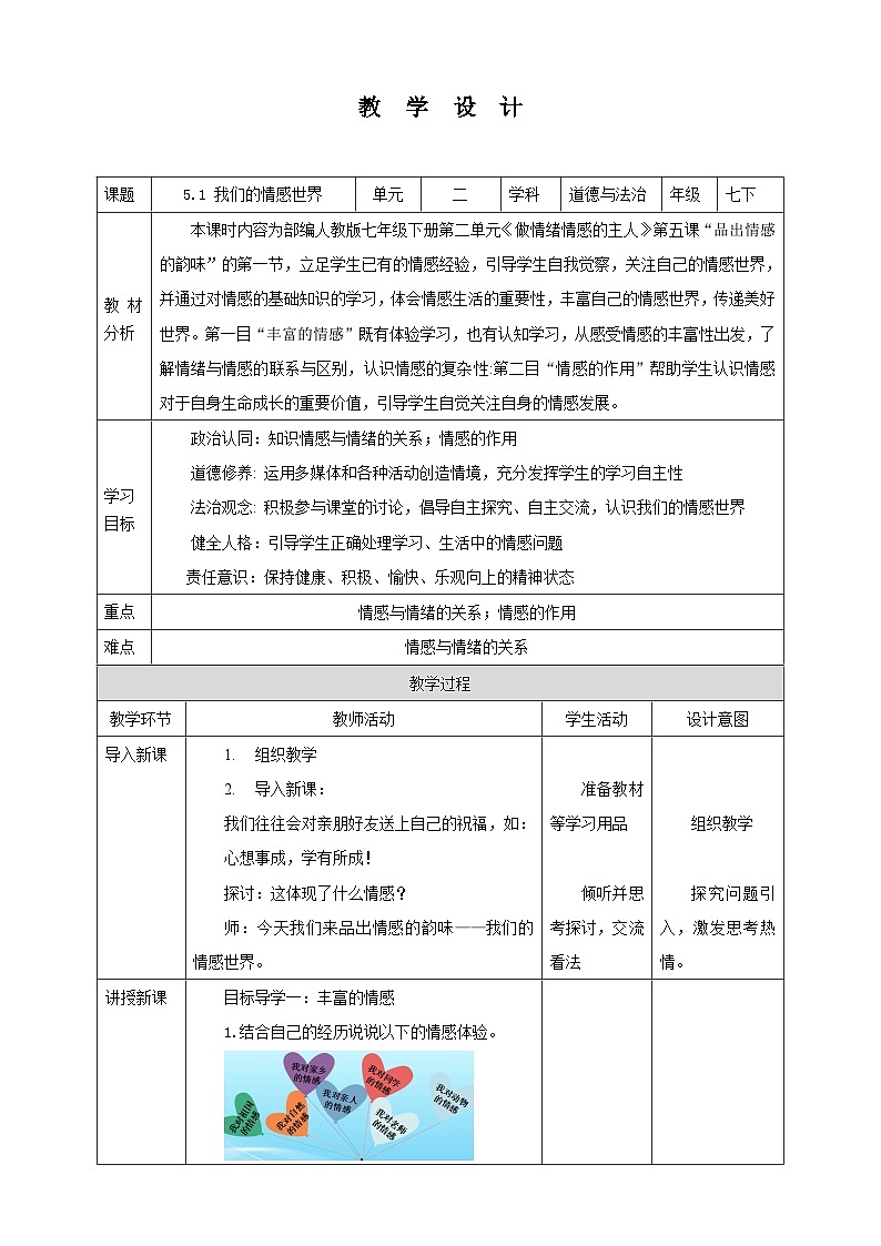 部编版七年级下册道德与法治第二单元5.1《我们的情感世界》教案第1页