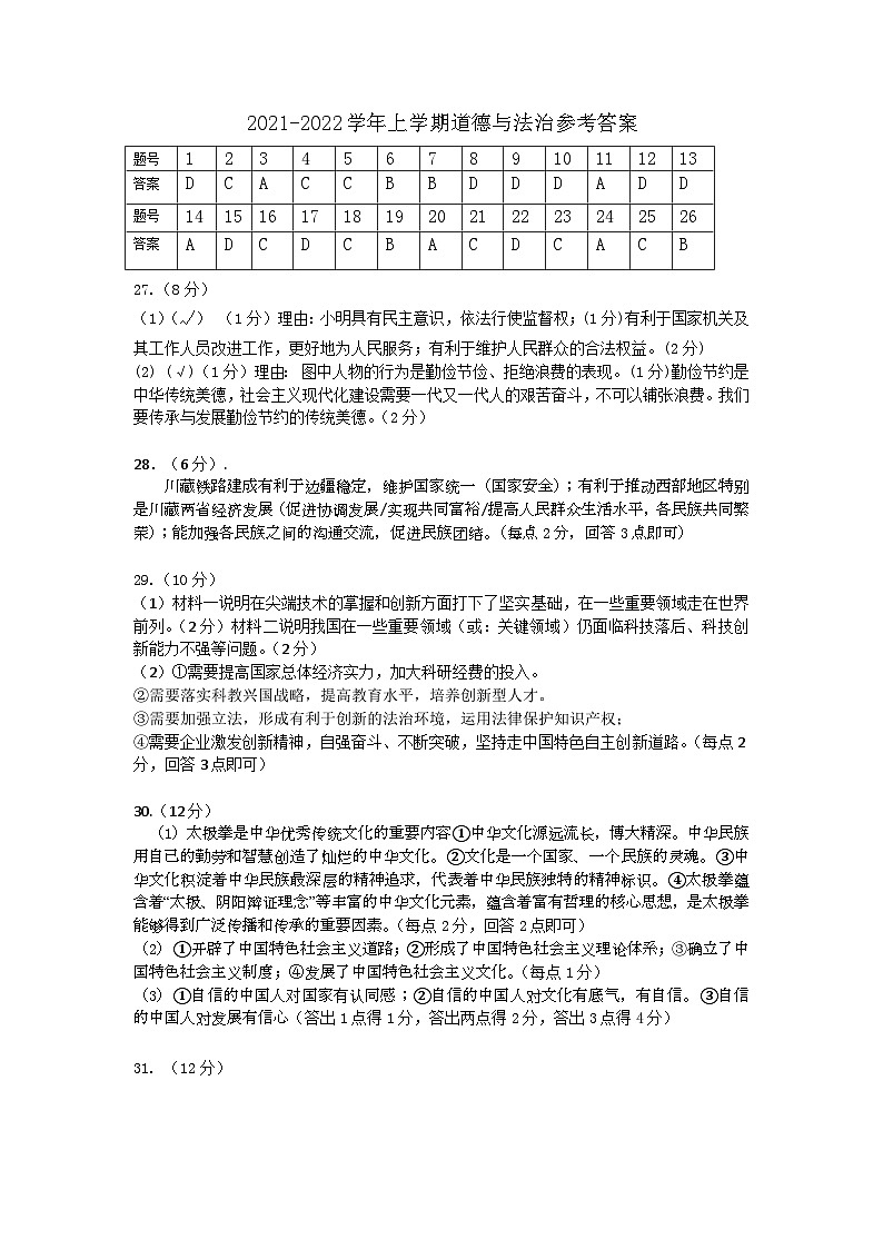 福建省南平市政和县2021-2022学年九年级上学期期末质量检测道德与法治试题01
