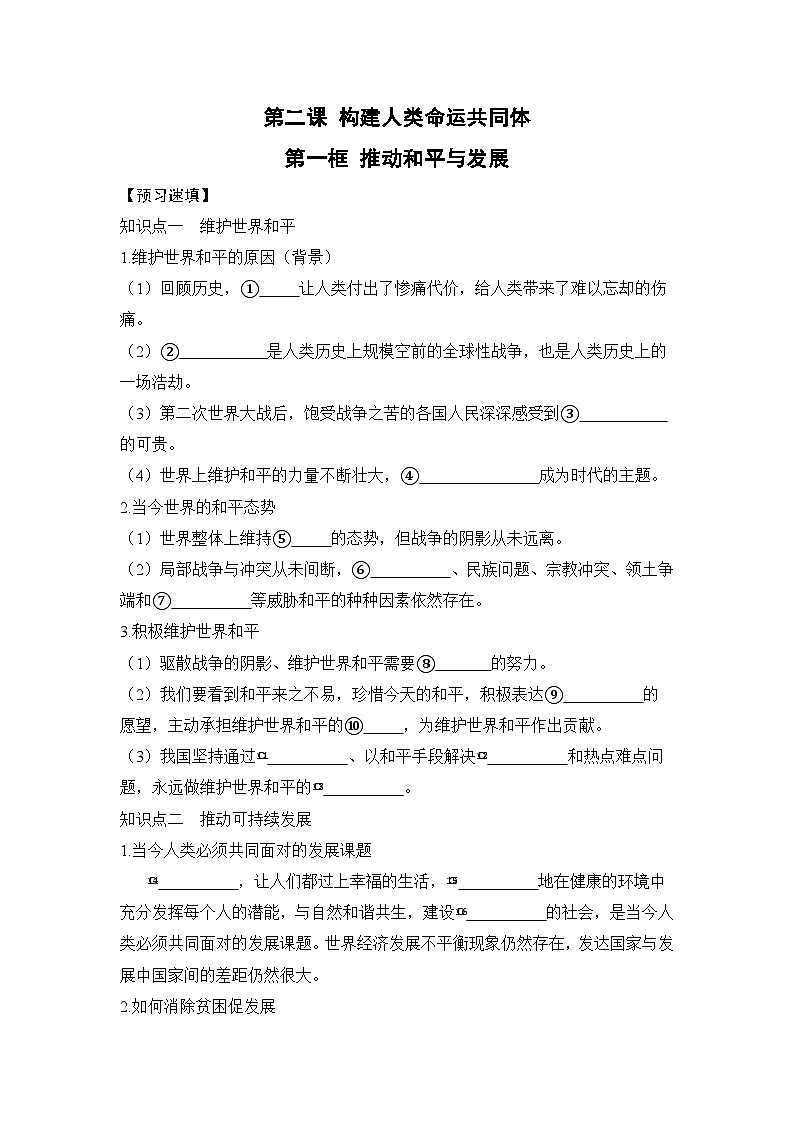 人教部编版道德与法治九年级下册第一框 推动和平与发展（导学案）01
