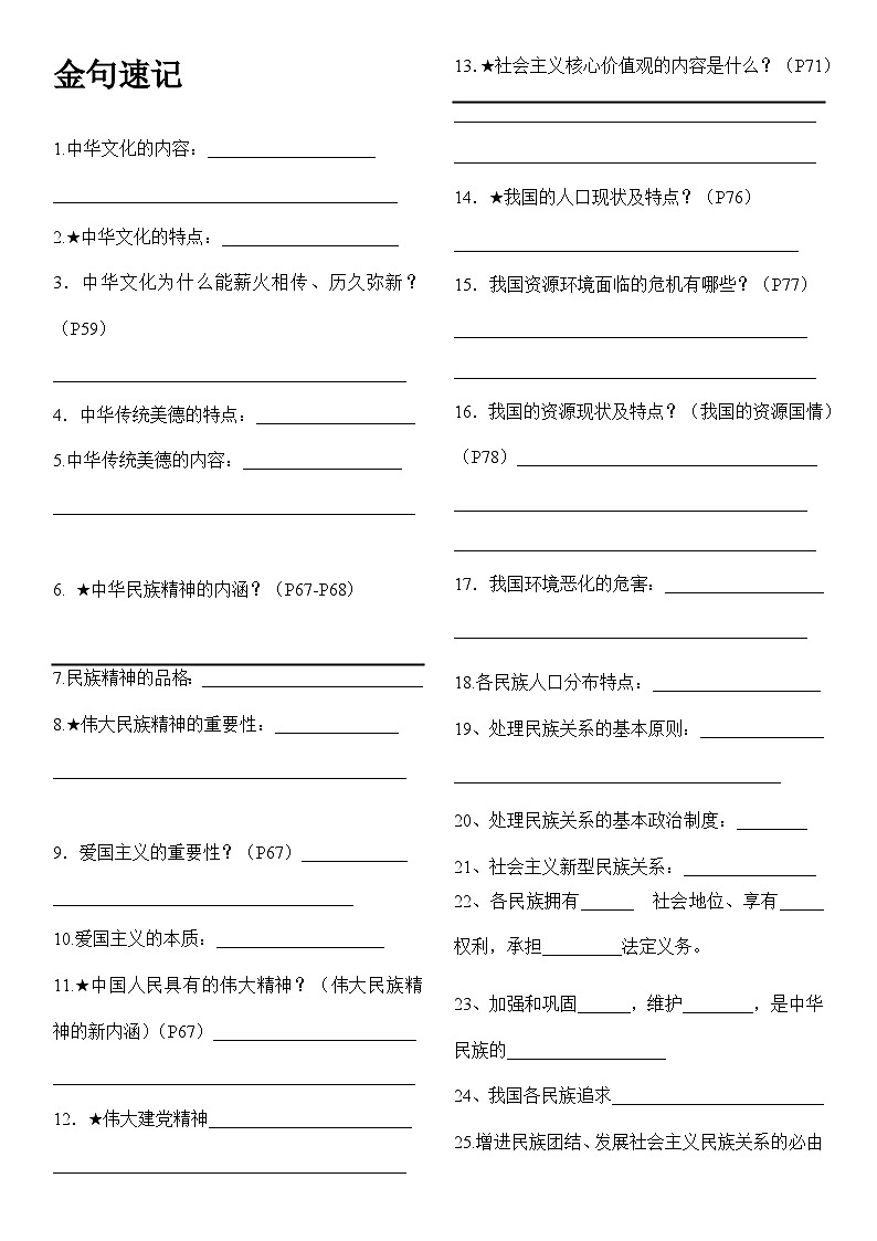 第三四单元  金句速记+要点必背-【考前巧复习】2023-2024学年九年级道德与法治上册期中期末复习知识巧梳理+典例测试（部编版）01