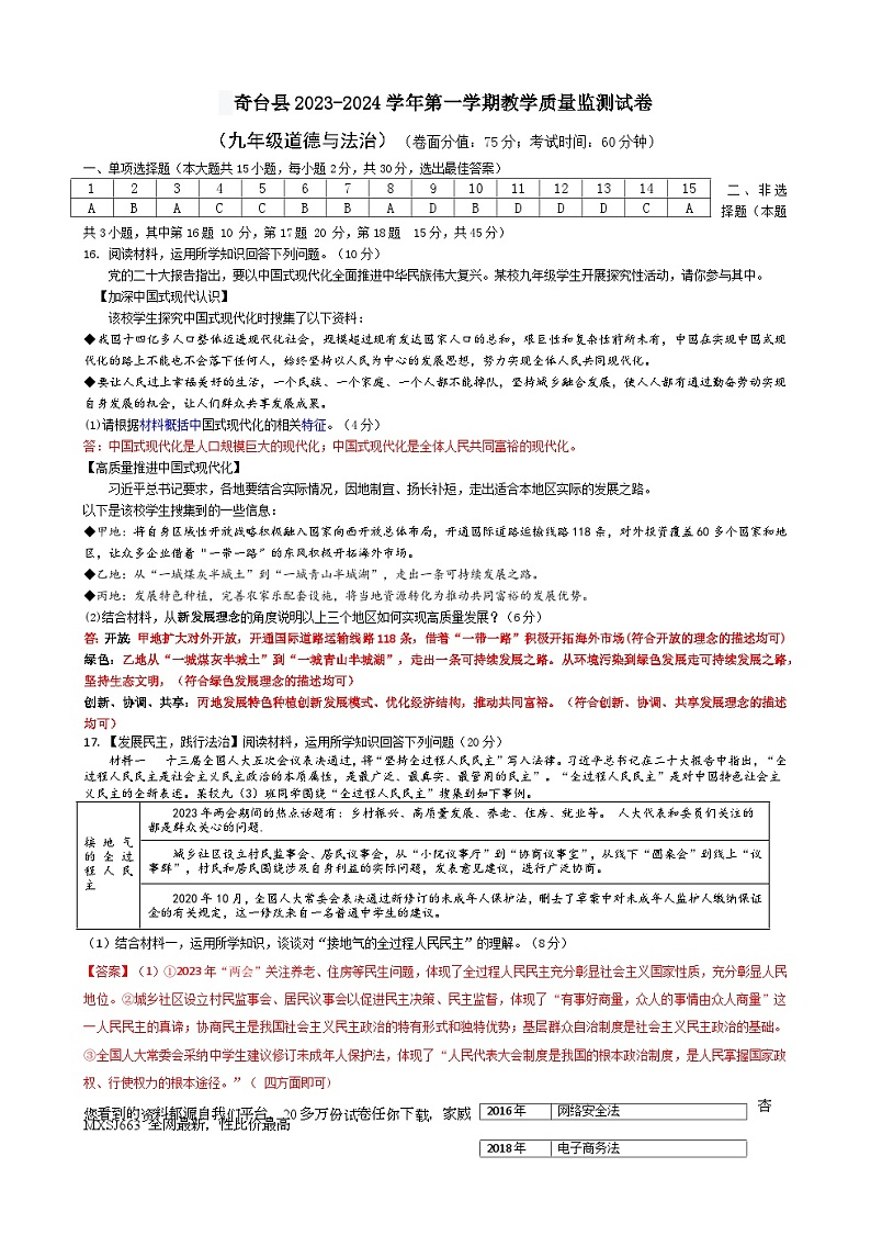 37，新疆昌吉州奇台县2023-2024学年九年级上学期期末教学质量监测道德与法治试题01